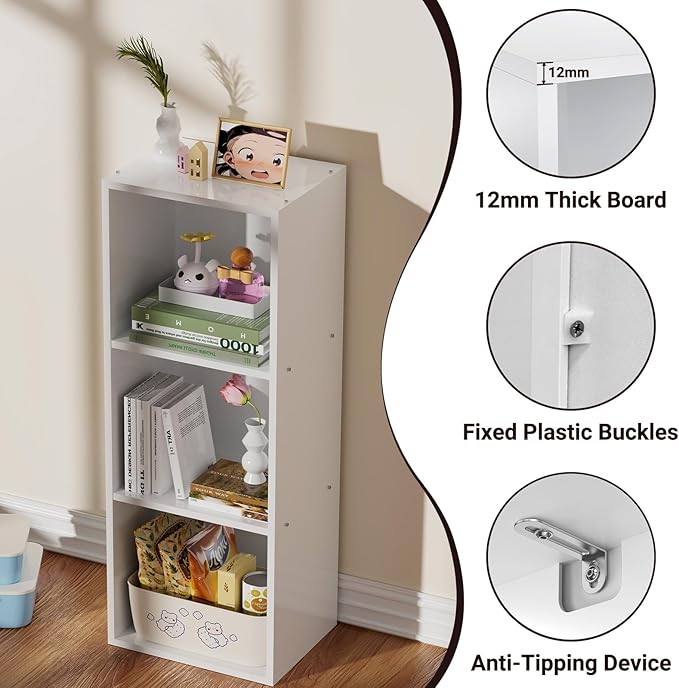 3 Tier Bookshelf, Narrow Bookcase for Small Spaces, Wooden Book Case Bookshelves Storage Organizer for Bedroom Living Room Home Office (White, 3 Cube)