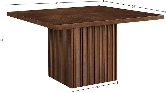 Meridian Furniture 729Brown-T Belinda Collection Mid-Century Modern Dining Table, Solid Wood Base, Brown Finish Oak Wood Veneer MDF Top, Square Top, Fluted Base, 54" W x 54" D x 31" H, Brown