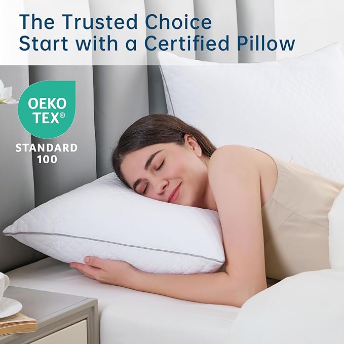 JOLLYVOGUE Pillows Queen Size Set of 2, Oeko-Tex Certified Bed Pillows for Side, Back, and Stomach Sleepers - Medium Support Down Alternative Filling, Machine-Washable
