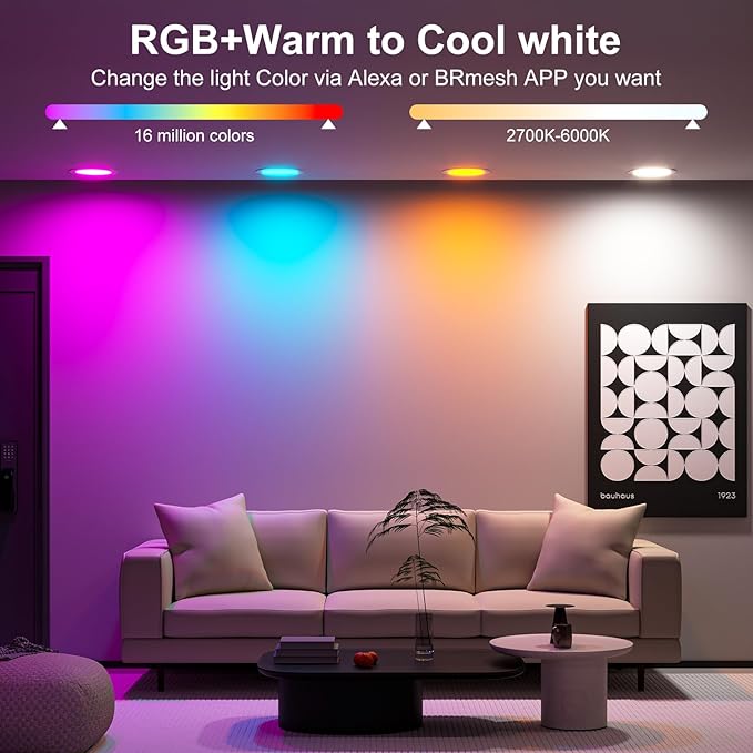 Smart Recessed Lighting 4 Inch RGBCW Color Changing 12W LED Recessed Ceiling Lights with Junction Box,1080LM Canless Downlight Compatible with Alexa,Dimmable by Bluetooth Control (1 Pack)