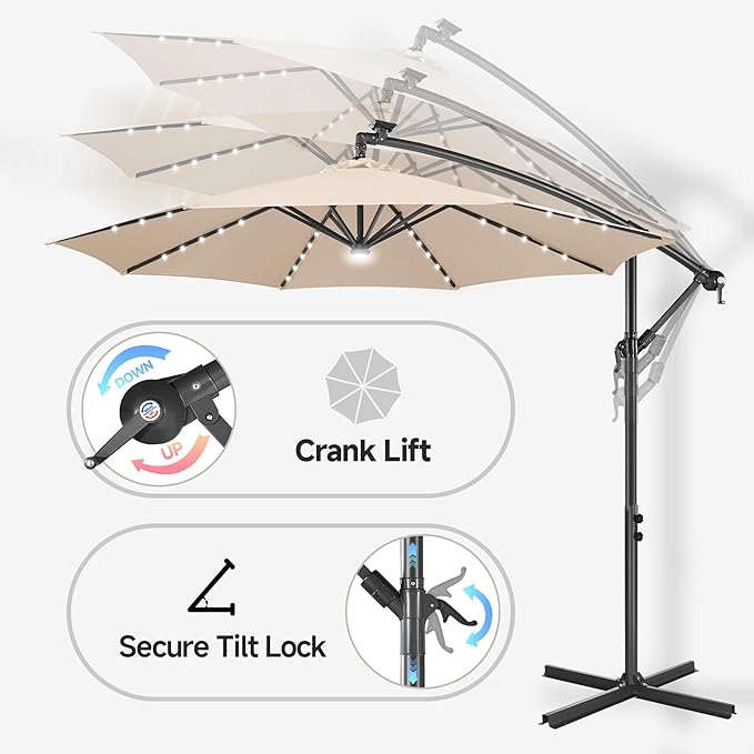 FLAME&SHADE 10ft Solar Cantilever Umbrella with 40 LED Lights, Lighted Large Offset Outdoor Patio Umbrellas, 8 Sturdy Ribs, UPF50+ UV Protection for Pool Deck Garden Yard, Beige