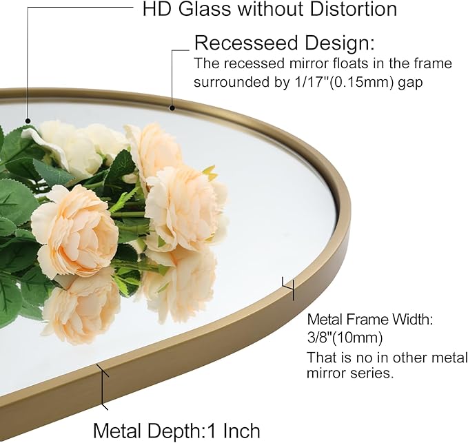 ANDY STAR Brass Mirror, 20x30 Gold Arched Mirror, Brass Bathroom Mirrors for Wall in SUS304-Anti-Rust, Seamless Tube Metal Frame, Wall-Mounted Vertical 1’’ Deep