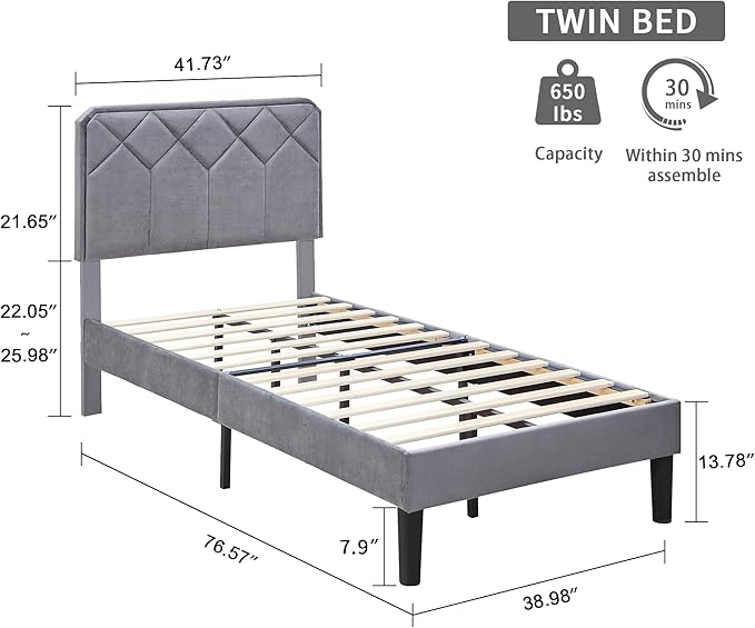 VECELO Twin Size Bed Frame, Velvet Upholstered Platform with Adjustable Headboard, Mattress Foundation with Solid Wood Slats, No Box Spring Needed, Easy Assembly