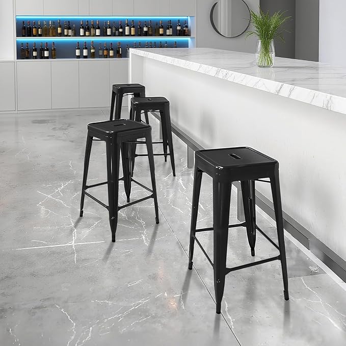Sweetcrispy Metal Bar Stools Set of 4, 24 Inch Stackable Restaurant Classic Trattoria Metal Chairs, Backless Counter Height Barstool Chairs for Dining Room, Kitchen Island, Indoor Outdoor Use, Black