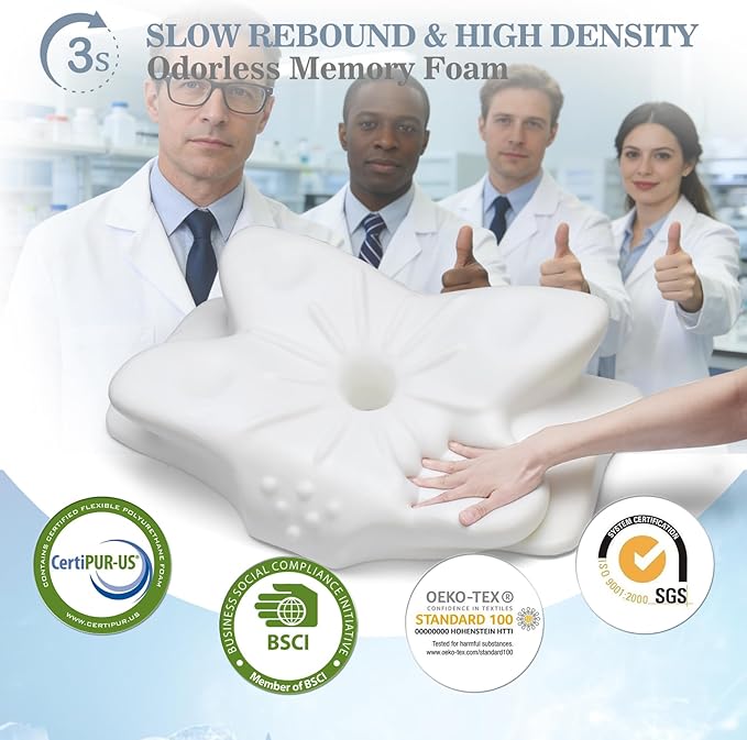 CCidea Bed Pillow for Sleeping, Ergonomic 50D Memory Foam Pillow, Adjustable Dual Height Support Pillow for Side Back Stomach Sleepers, Satin Cooling Breathable Pillowcase, US Patent, Odorless