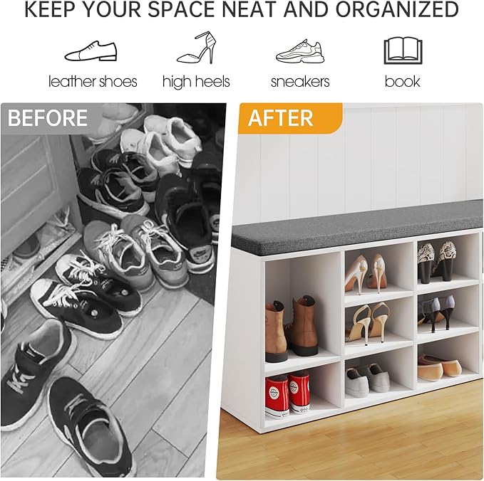 PayLessHere Shoe Bench Storage Bench 10 Compartments Shoe Organizer with 3-Tier Shoe Rack Bench Adjustable Shelves Shoe Shelf for Living Room Entryway Hallway Bedroom (White and Grey)