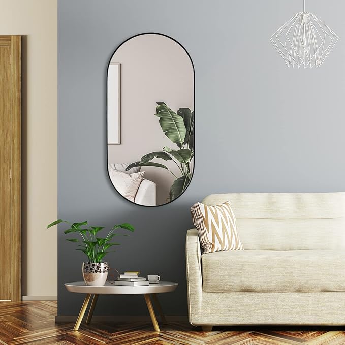 Muzilife Oval Wall Mirror for Bathroom, 20" x40'' Capsule Mirror Vanity Wall Mirror with Metal Frame, Hang Horizontally or Vertically for Entryway, Living Room, Bathroom, Black