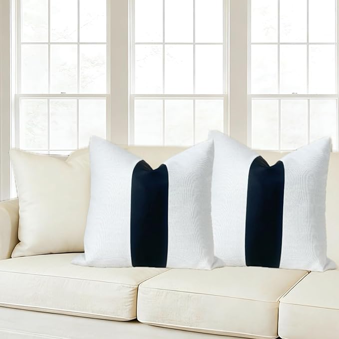 Slow Cow Black Faux Leather and Off White Linen Patchwork Throw Pillow Covers Stripe Cushion Covers 18 x 18 Inches