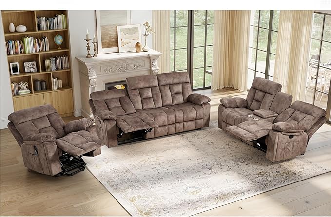 EBELLO 3 Pieces Recliner Sofa Furniture Set, Power Lift Recliner Chair with Massage and Heat, Manual Loveseat and 3 Seat Reclining Couch Set for Living Room, Brown