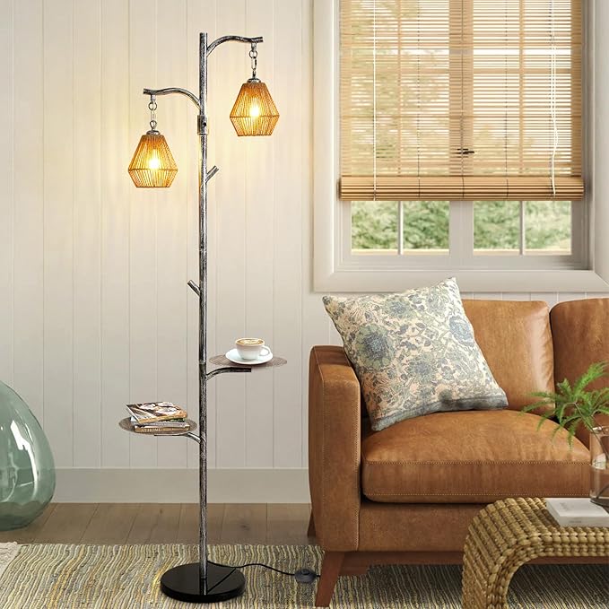 Hsyile Arc Floor Lamp with Cage Shade,Rattan&Fabric Boho Floor Lamps for Living Room Bedroom,Silver Gray Industrial Dimmable Floor Light,Farmhouse Rustic Tall Lamp for Office Reading