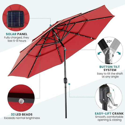 DUMOS 10FT 3 Tier Patio Umbrella with 32 LED Lights, 8 Ribs Outdoor Table Umbrella with Crank, Waterproof Market Umbrella for Pool, Beach, Terrace and Outdoor Restaurant, Red