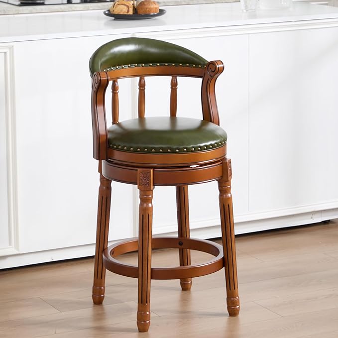 Cow top Leather Wooden Bar Stools, 29.5" Height Bar Chair with Back, 180 Degrees Swivel Bar Stools Chair for Home Kitchen Counter,Restaurant,1pc (Green-1pc, Counter Seat Height 26in)