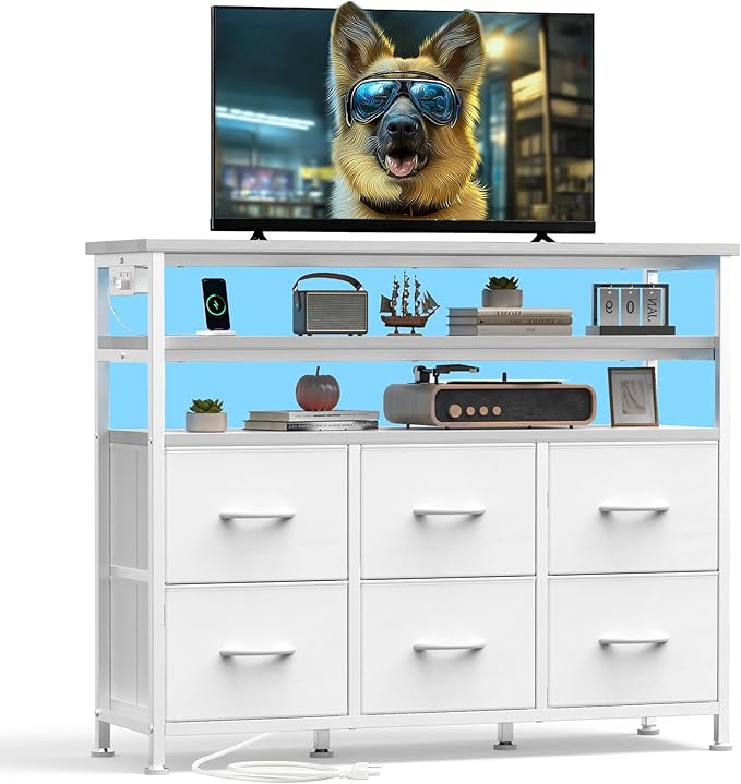 DUMOS TV Stand for Up to 45 inch TV, Wood Top TV Media Console Table with 6 Fabric Drawers, 2 Shelves, Entertainment Center with LED Lights & Charging Station for Living Room, Hallway, White