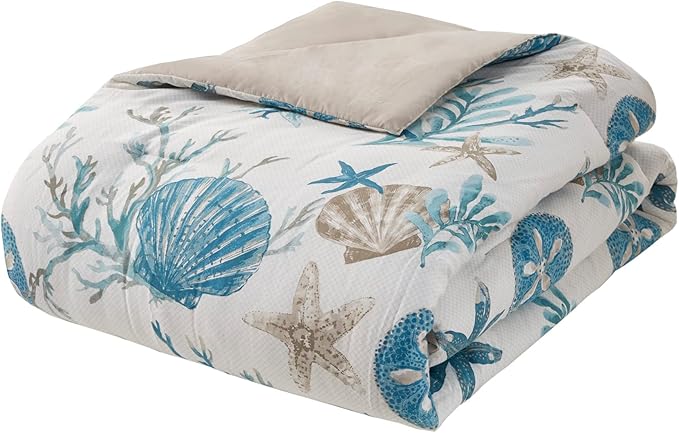 Madison Park Pebble Beach 100% Cotton Comforter Set - Coastal Coral, Starfish Design All Season Down Alternative Cozy Bedding with Matching Shams, Decorative Pillow, King(104"x92") Aqua 7 Piece