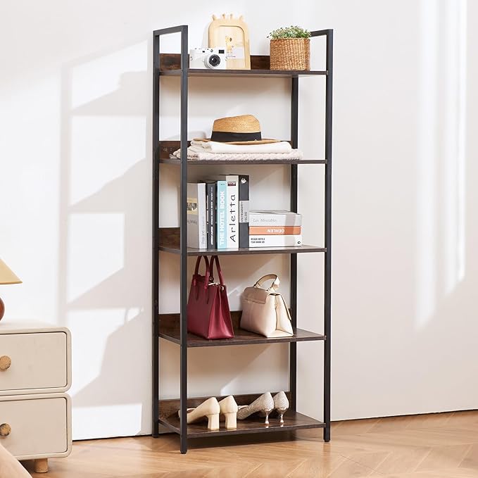 VEVOR Metal Bookshelf, 5-Tier Tall Industrial Bookshelf, Rustic Display Vintage Storage Bookcase with Open Shelves, Freestanding Display Shelving Unit Storage Rack, for Living Room, Bedroom & Office