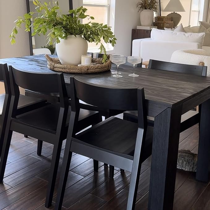 Plank+Beam 72 Inch Modern Solid Wood Dining Table - Solid Pine, Wirebrush Finish, Seats 6, Non-Toxic Finish, Easy Assembly, for Kitchen or Office, Black Wirebrush