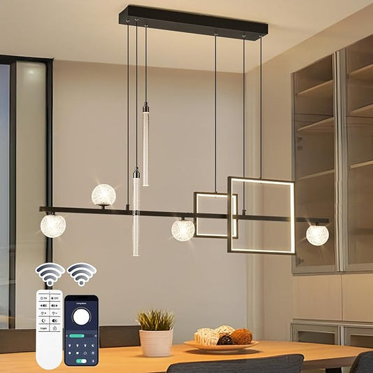 Modern LED Pendant Lights, 47in Dimmable Linear LED Chandelier Lighting, Square Black & Gold Dining Room Hanging Light Fixtures Kitchen Island Globe Pendant Light for Dining Table (4200lm)