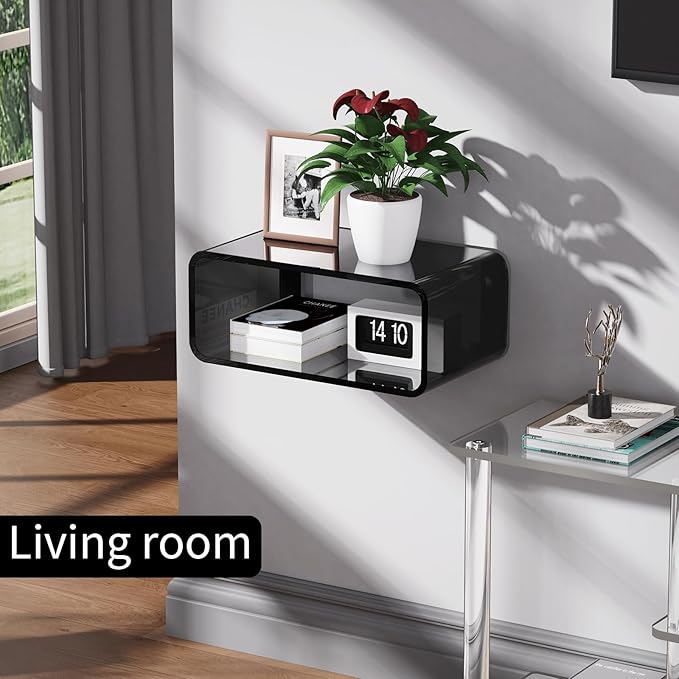 Acrylic Floating Nightstand, Bedside Table, Nightstand Shelf Wall Mounted Bedside Shelf (Black, Small)