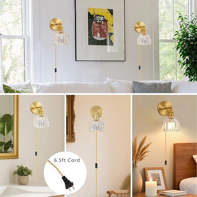 Plug in Wall Sconces Set of 2, Vintage Wall Lamp with 6.5FT Plug in Cord Clear Tulip Glass Shade Decor Indoor, Gold Wall Light for Bedroom Bedside Kids Living Room Bathroom