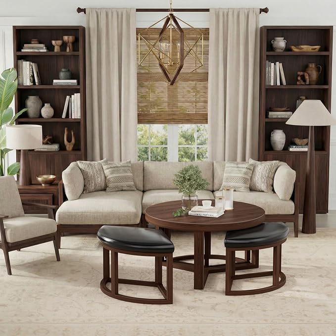 30 Inch Round Coffee Table with Stools - Small Modern Tables Set with 3 Chairs Ottomans Seating Seats Walnut Wood