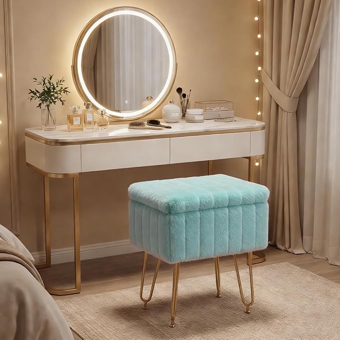 DUMOS Vanity Stool Chair with Storage, Small Ottoman Faux Fur Soft Padded Footstools Seat with 4 Metal Legs Anti-Slip Adjustable Feet Modern Footrest for Home Entryway Bedroom Makeup Mint