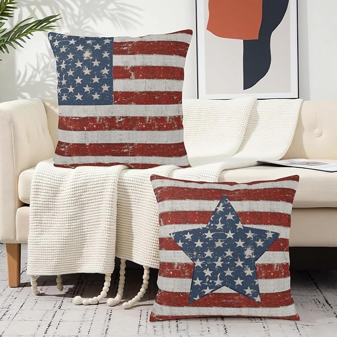 Vintage American Flag Star Pillow Covers 24x24 Set of 2 Red White Stripes Patriotic Outdoor Throw Pillows Covers 4th of July Independence Memorial Day Cushion Case for Home Couch Sofa Decor