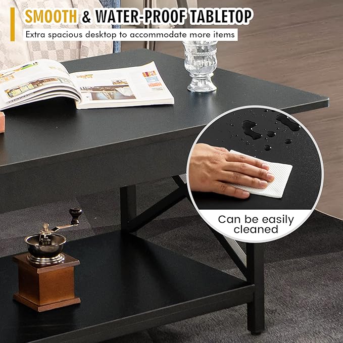 COSTWAY Industrial Coffee Table, 2-Tier Wood Cocktail Tea Table with Storage Shelf and X-Shape Steel Frame, Rectangle Sofa Side Accent Table for Living Room Home Office, Black