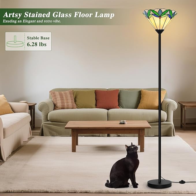 Floor Lamp with Tree Leaf Stained Glass Shade, Torchiere Floor Lamp, Tall Corner Pole Lamp with Foot Switch, Vintage Style Decorative Standing Reading Light for Living Room Bedroom(E26 Base)