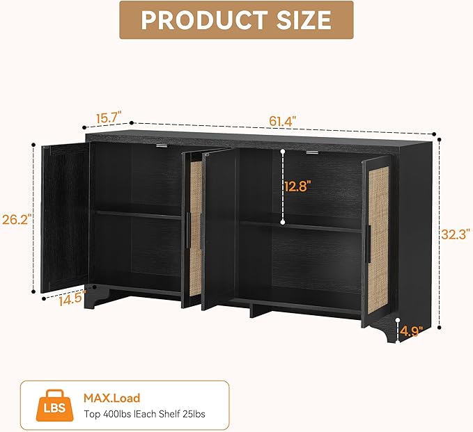 GarveeHome 4-Door Sideboard Buffet Cabinet, Natural Rattan Storage Cabinet, Boho Entryway Console Table, Coffee Bar Station for Dinning Room, Living Room, Kitchen, Black