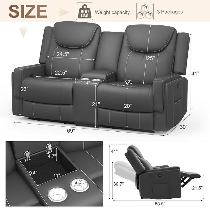 Dresegmt Loveseat Recliner Sofa, Gray PU Leather Double Recliner Loveseat with Console, Cup Holders, Storage & USB Ports, Ergonomics， Manual Reclining Sofa Couch for Living Room, RV
