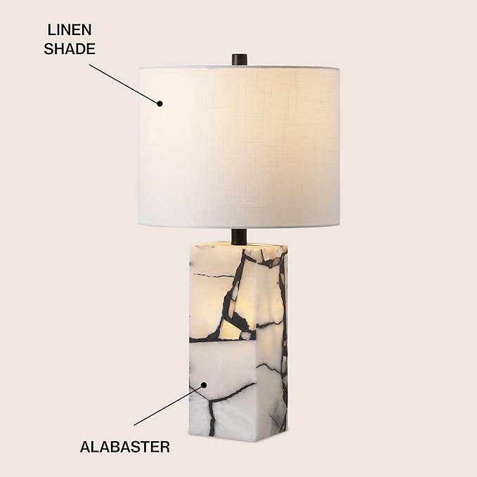 JONATHAN Y 24.25" Black/White Modern Alabaster LED Table Lamp for Home Decor, White Linen Shade, Coastal Nightstand Lamp with Built-in Base Accent Light (JYL8507A)