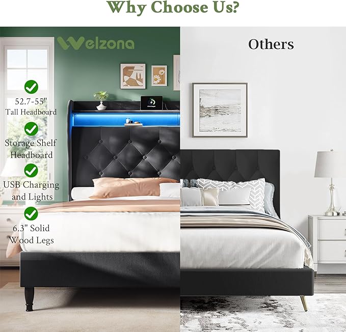 King Size Bed Frame with Tall Headboard, Velvet Upholstered Platform Bed with LED Lights & Charging Station, 52.7"-55" Adjustable/Modern Tufted Wingback Storage Headboard, No Box Spring Needed, Black