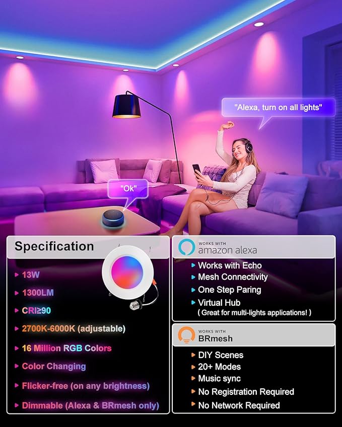 Smart Recessed Lighting 6 Inch, RGBCW Color Changing Smart Can Light Bluetooth Connect, Flicker Free, 13W 1300LM, Dimmable Retrofit Downlight Works with Alexa Voice & App Control, 12 Pack