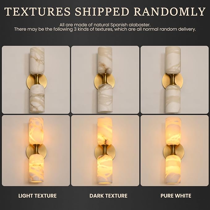 Alabaster Wall Sconces Set of 2, 14in Modern Spanish Natural Marble Vanity Light, Dimmable Hardwired Brass Gold Wall Sconce Lighting for Bathroom Mirror, Bedroom, Luxury Natural Stone Wall Fixtures