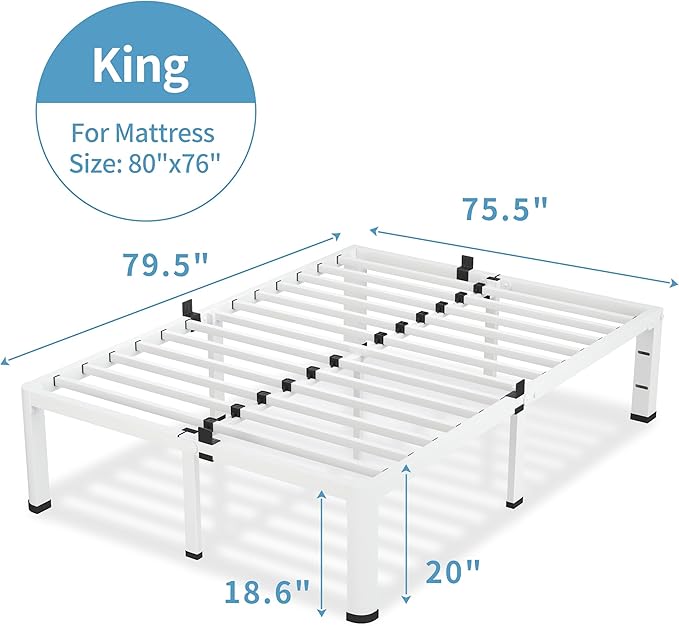 20 Inch King Size White Bed Frame, 3500Lbs Heavy Duty Metal Platform with Round Corner Legs Mattress Slide Stopper, Steel Slat Support No Box Spring Needed, Noise Free, Non-Slip, Easy Assembly