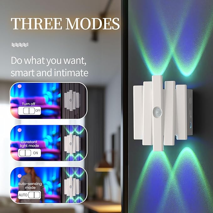 Rechargeable Motion Sensor Wall Sconce, Battery Operated Indoor Night Light with Magnetic Mount, RGB Colorful LED Ambient Lighting for Hallway, Stairs, Bathroom & Kids Room (USB-C)