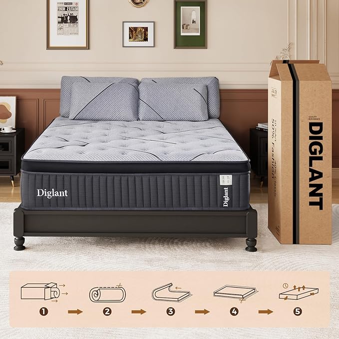 TwinXL Mattress, 14Inch Cooling Gel Memory Hybrid Medium Mattress, TwinXL Size Individual Pocket Spring Mattress in Box, None of Fiberglass