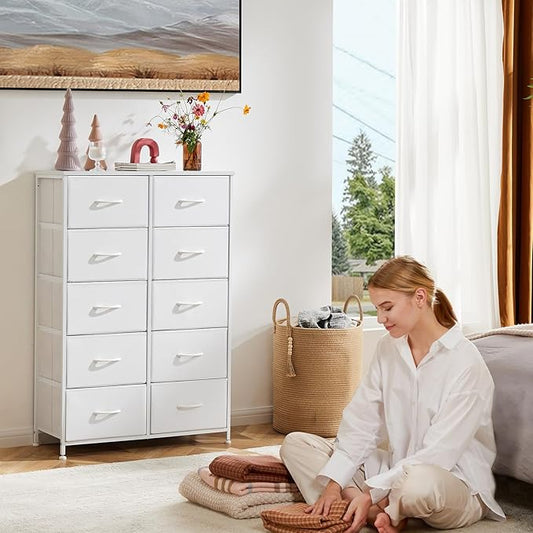 Sweetcrispy 10 Drawer Fabric Dresser Tall Chest Storage Organizer Tower with Cabinet Metal Frame and Wood Top Lightweight Closet Furniture for Bedroom,Cream White