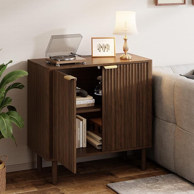 Sideboard Buffet Cabinet with Storage, Modern Fluted Accent Credenza with Doors & Adjustable Shelves, Wood Coffee Bar Console Table for Living Room, Dining Room, Kitchen, Entryway 31.5"Walnut