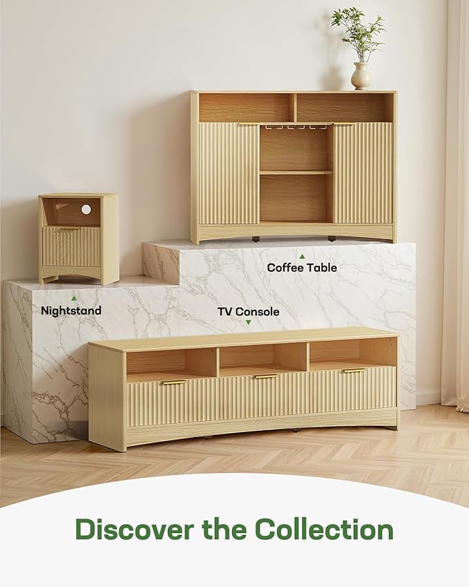 Marsail Nightstand Set of 2 with Drawers, Modern Night Stand with Charging Station, USB & AC Ports & Wood Grain Finish, Fluted Bedside Table & End Table for Bedroom, Natural Oak