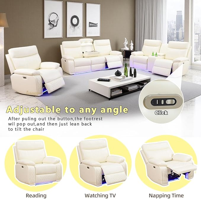 A Ainehome Leather Power Recliner Sofa Set with LED, 3 Pieces Living Room Furniture Sets, Power Leather Reclining Sectional Sofa Couches for Living Room with USB Port/Storage Console/Cup Holders