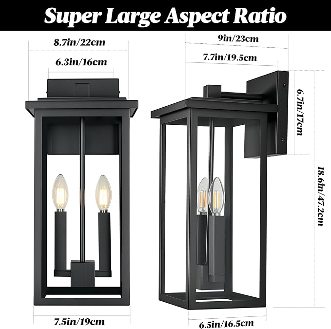Large Modern Exterior Lighting Fixtures Porch Lights Outdoor Sconce Lights Outdoor Wall Lantern Outside Light Fixtures for House,Front Door,Garage Light Wall Mount Waterproof 2 Pcs E12 Base