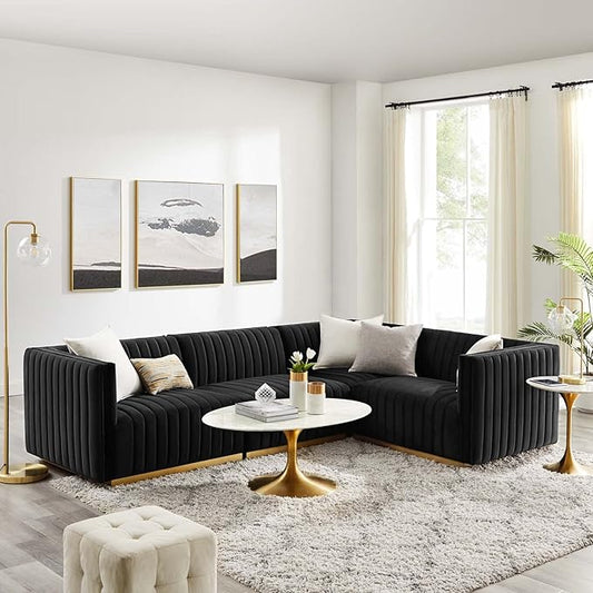 Modway Conjure Channel Tufted Performance Velvet Sectional, 4-Piece Right-Facing Sofa, Gold Black