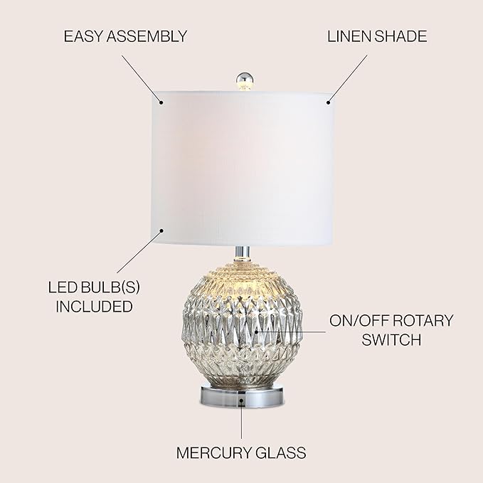 JONATHAN Y 20.5" Silver Mercury Glass Table Lamp, Contemporary Chrome Sphere Metal Base with Ivory Linen Shade for Bedroom Living Room Nightstand, LED Bulb Included JYL1041A
