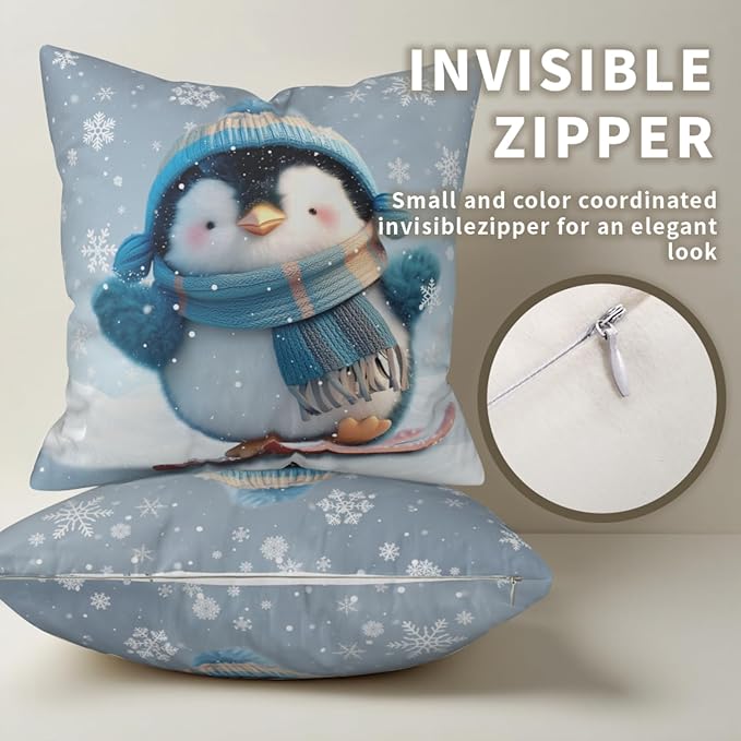 Winter Pillow Covers 24x24 Set of 2 Adorable Skiing Penguins Throw Pillow Covers Snowflakes Pillow Case Double Sided Printing Cushion Case for Home Decor Couch Sofa