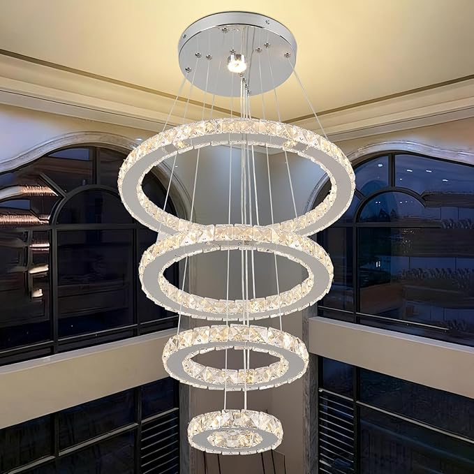 TongLan Modern 4-Ring Crystal LED Chandelier, Adjustable Height 11.8-47.2 in, K9 Crystal & Stainless Steel, 2700-3500K Warm White, Non-Dimmable, for Foyer Staircase Living Room Dining Room