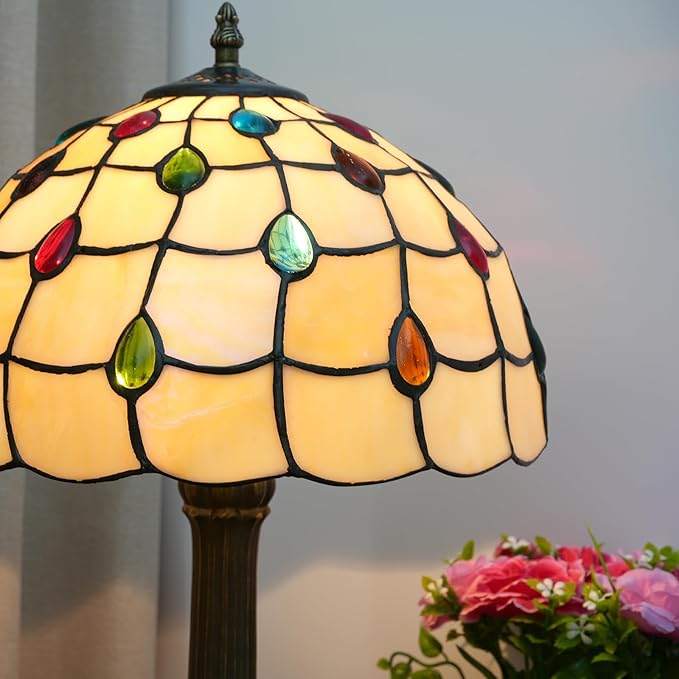 Tiffany Lamp Stained Glass lamp 12 inches Bedside Table Lamps for Living Room Bedroom Dorm Kitchen Home Decor Festival Birthday Gift,Colorful Beads
