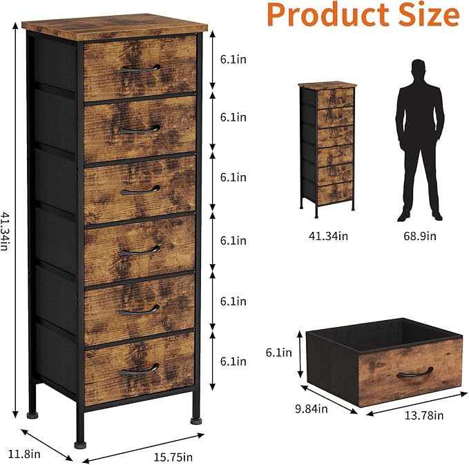 Fixwal Tall Dresser for Bedroom Closet Organizers and Storage Tall Fabric Dresser with 6 Drawers, Small Clothes Storage Girl Bedroom Furniture, Rustic Brown