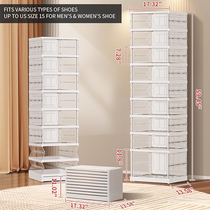 9 Tier Foldable Shoe Rack for Closet Entryway 9-18 Pairs Stackable Clear Shoe Storage Boxes with Lids Tall Shoes Shelf with Door Plastic Organizer Cabinet Easy Assembly