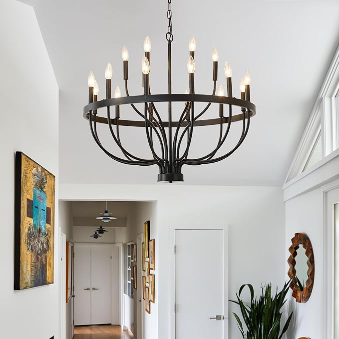 HHR 18-Light Farmhouse Foyer Chandelier Entryway High Ceiling 32 Inch, Modern Black Chandelier for Dining Room, Candle Light Fixtures for Bedroom Hallway Kitchen Living Room